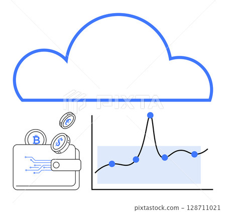 Cloud shape digital wallet cryptocurrency coins data chart. Ideal for finance, technology, cloud computing, cryptocurrency, data analysis, banking solutions, financial growth. Line metaphor Cloud shape digital wallet cryptocurrency coins data chart. Ideal for finance, technology, cloud computing, cryptocurrency, data analysis, banking solutions, financial growth. Line metaphor 128711021