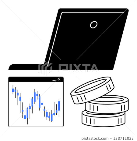 Laptop with a screen displaying a candlestick chart next to stacked coins. Ideal for financial analysis, stock market trading, investment, business strategy, economic growth, cryptocurrency, fintech 128711022
