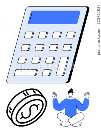 Large calculator, coin with dollar sign, and meditating person in the lotus position. Ideal for financial management, budgeting, personal finance, mindful spending, mental wellness, meditation 128711025