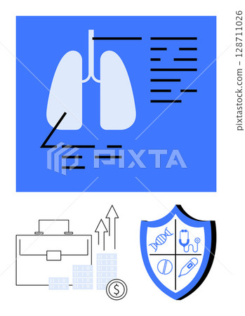 Medical diagram of lungs with annotations, financial growth chart with upward arrows, and shield emblem with medical icons. Ideal for health education, medical presentations, financial growth Medical diagram of lungs with annotations, financial growth chart with upward arrows, and shield emblem with medical icons. Ideal for health education, medical presentations, financial growth 128711026