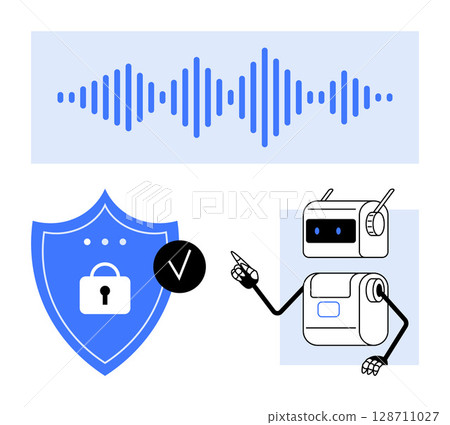 Audio waveform shield with padlock, and robot character. Ideal for security, AI technology, voice recognition, robotics, data protection, digital authentication, user verification. Line metaphor 128711027