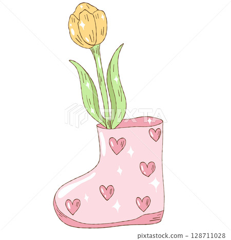 Hand-painted watercolor tulips in boots Hand-painted watercolor tulips in boots 128711028