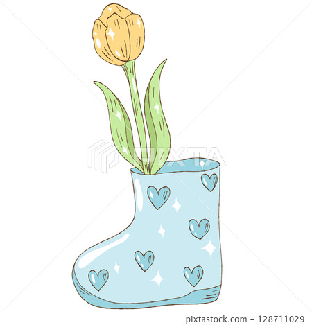 Hand-painted watercolor tulips in boots Hand-painted watercolor tulips in boots 128711029