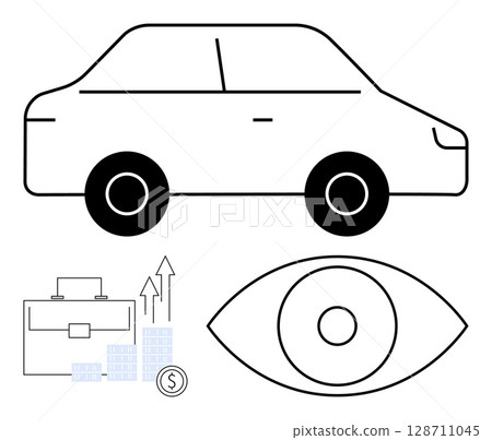 Car outline above briefcase, bar chart, coin, and eye symbol. Ideal for transportation, business growth, finance, vision concepts, investment opportunities transportation services and strategic Car outline above briefcase, bar chart, coin, and eye symbol. Ideal for transportation, business growth, finance, vision concepts, investment opportunities transportation services and strategic 128711045