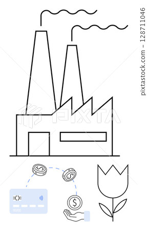 Factory with two smokestacks emitting smoke. Nearby are coins, a hand, a credit card, and a flower. Ideal for industry, economy, pollution environment sustainability commerce finance. Line Factory with two smokestacks emitting smoke. Nearby are coins, a hand, a credit card, and a flower. Ideal for industry, economy, pollution environment sustainability commerce finance. Line 128711046