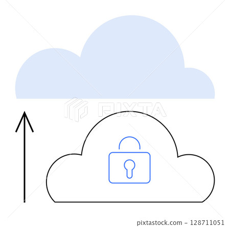 Arrow pointing towards cloud with lock icon inside. Ideal for data security, cloud storage, digital privacy, cybersecurity, encryption, secure data access, cloud computing. Line metaphor Arrow pointing towards cloud with lock icon inside. Ideal for data security, cloud storage, digital privacy, cybersecurity, encryption, secure data access, cloud computing. Line metaphor 128711051