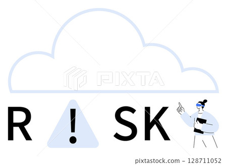Cloud outline with RSK text, exclamation inside a triangle, and professional pointing. Ideal for technology, security, business, finance, education consulting innovation themes. Line metaphor Cloud outline with RSK text, exclamation inside a triangle, and professional pointing. Ideal for technology, security, business, finance, education consulting innovation themes. Line metaphor 128711052