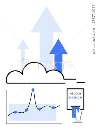 Arrows rise from cloud over graph hand inputs code. Ideal for tech, data, growth, security, innovation, business, analytics. Line metaphor 128711053