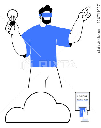 Man wearing VR headset holding light bulb and pointing, large cloud shapes, touchscreen with HS CODE. Ideal for technology, innovation, cloud computing, virtual reality, touch interfaces 128711057