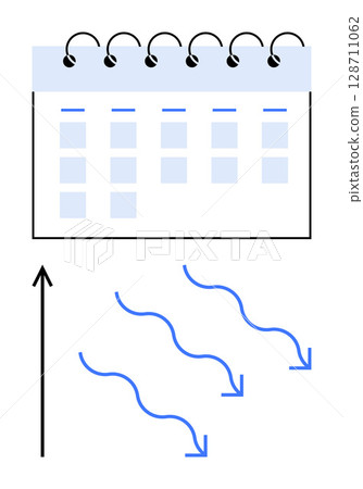Calendar page with grid upward arrow and downward blue arrows. Ideal for productivity, time flow, planning, deadlines, efficiency, progress, motivation. Line metaphor 128711062