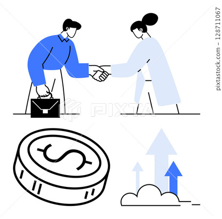 Business partners shaking hands, man with briefcase, woman in light clothing, dollar coin, upward arrows. Ideal for business deals, partnerships, financial growth, investments collaboration 128711067