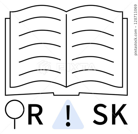 Open book with magnifying glass, exclamation mark in warning triangle, and letters R and SK. Ideal for education, research, warning, risk assessment, knowledge caution and guidance themes. Line Open book with magnifying glass, exclamation mark in warning triangle, and letters R and SK. Ideal for education, research, warning, risk assessment, knowledge caution and guidance themes. Line 128711069