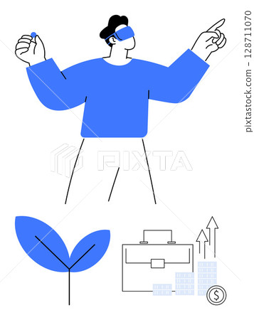 Man engaging in virtual reality with headset, pointing and holding an object. Below, a leaf representing growth, a business case, increasing graph and stack of coins. Ideal for technology 128711070