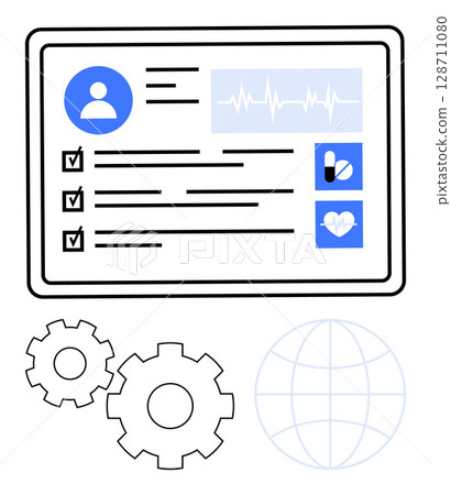 Tablet screen with user profile, heartbeat graph, medical checklist, pills, and heart icons. Gears and globe for medical system integration, digital healthcare, and diagnostics. Line metaphor Tablet screen with user profile, heartbeat graph, medical checklist, pills, and heart icons. Gears and globe for medical system integration, digital healthcare, and diagnostics. Line metaphor 128711080