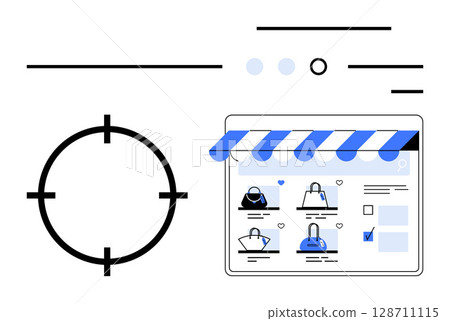 E-commerce storefront with striped awning over digital screen displaying handbags, accompanied by a crosshair target. Ideal for marketing, e-commerce, retail, shopping, advertising, consumer 128711115
