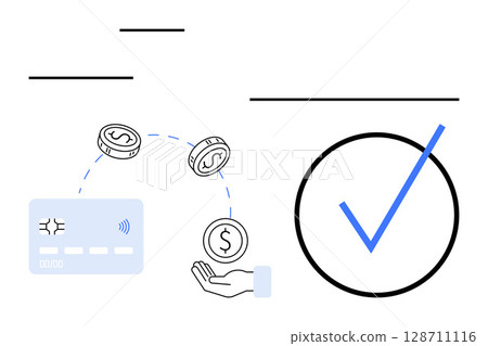 Hand receiving coins from credit card indicating successful transaction marked by blue check. Ideal for online payments, banking, fintech, e-commerce, finance apps, digital wallets, security. Line 128711116