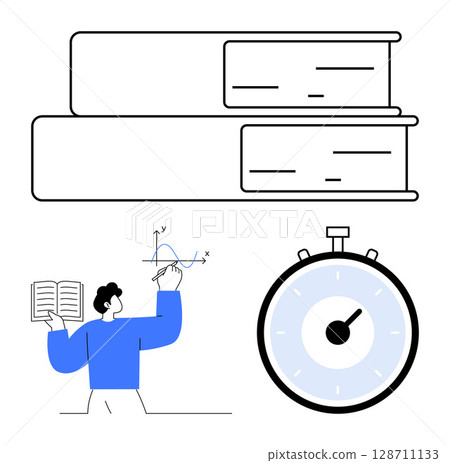 Books person with open book drawing graph stopwatch. Ideal for education study learning, mathematics, time management, research. Emphasizes knowledge, efficiency, planning. Line metaphor Books person with open book drawing graph stopwatch. Ideal for education study learning, mathematics, time management, research. Emphasizes knowledge, efficiency, planning. Line metaphor 128711133