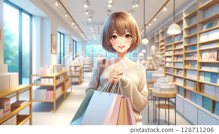 年輕女子在明亮的化妝品店享受購物 年輕女子在明亮的化妝品店享受購物 128711206