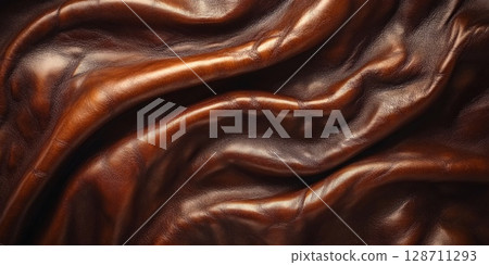 Close-up of smooth brown leather with soft folds, perfect for backgrounds, upholstery, and stylish design. Close-up of smooth brown leather with soft folds, perfect for backgrounds, upholstery, and stylish design. 128711293