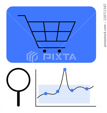 Shopping cart magnifying glass, and line graph symbolize online retail, analysis, and growth. Ideal for themes of e-commerce trends, business strategy, data analysis, market research, consumer 128711387