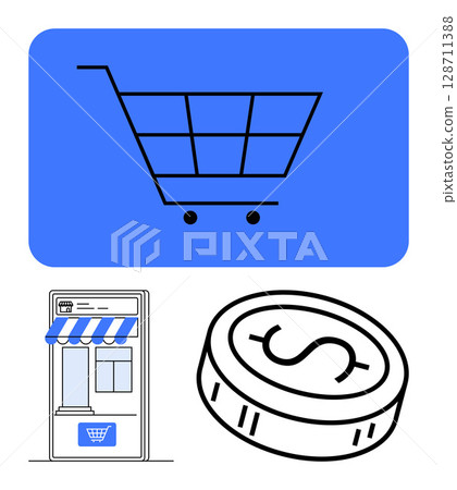 Shopping cart within a blue rectangle, online store with striped awning, and a dollar coin. Ideal for online shopping, digital retail, e-commerce, financial transactions, business, web stores 128711388