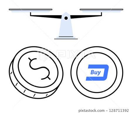 Coins with dollar sign and Buy symbol balanced on a scale, representing financial decisions, investments, and market comparison. Ideal for finance, investment, trading, cryptocurrency, balancing Coins with dollar sign and Buy symbol balanced on a scale, representing financial decisions, investments, and market comparison. Ideal for finance, investment, trading, cryptocurrency, balancing 128711392