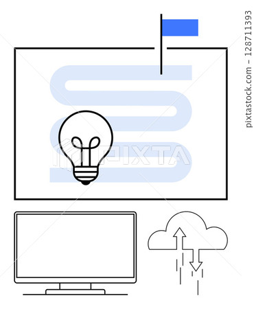 Light bulb and winding path to a flag representing innovation, next to a computer screen and data cloud. Ideal for technology, creativity, innovation, goal setting, data storage, digital strategy Light bulb and winding path to a flag representing innovation, next to a computer screen and data cloud. Ideal for technology, creativity, innovation, goal setting, data storage, digital strategy 128711393
