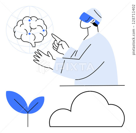 Person wearing virtual reality headset interacting with holographic brain scan. Below, symbols for cloud computing and growth represented by a cloud and a plant sprout. Ideal for technology Person wearing virtual reality headset interacting with holographic brain scan. Below, symbols for cloud computing and growth represented by a cloud and a plant sprout. Ideal for technology 128711402