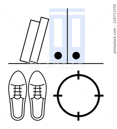 Files and books on shelf with shoes and target symbol below them. Ideal for business planning, productivity, career objectives, office organization, strategic planning, professional development. Line 128711439