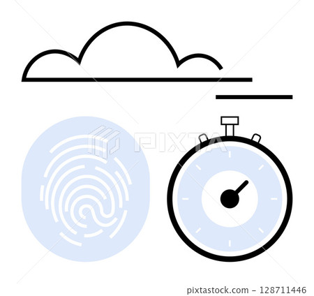 Cloud fingerprint and stopwatch represent cybersecurity identity verification, and time management. Ideal for technology, security, privacy, internet, efficiency, data protection, and innovation 128711446