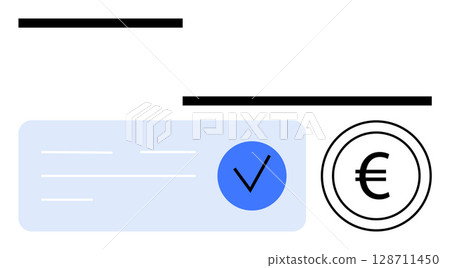 Bank check with verification mark and euro symbol represents financial transactions, banking, and security. Ideal for finance apps, banking institutions, online transactions, security, monetary Bank check with verification mark and euro symbol represents financial transactions, banking, and security. Ideal for finance apps, banking institutions, online transactions, security, monetary 128711450