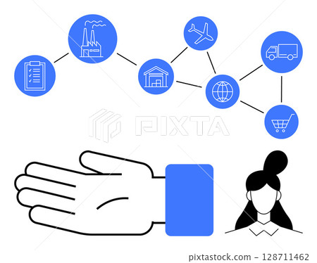 Hand, woman, factory, warehouse, globe, shopping cart, airplane, truck connected through icons representing stages of supply chain. Ideal for business logistics commerce networking 128711462