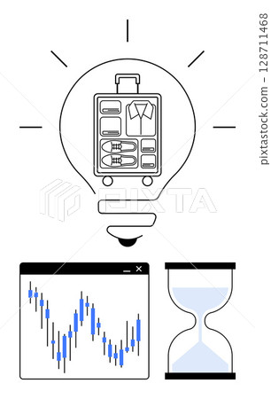 Lightbulb with suitcase, declining line graph, and hourglass representing planning, strategy, and time management. Ideal for business presentations, project planning, investment strategies 128711468
