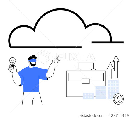 Man with lightbulb and VR headset points towards cloud icon next to briefcase, rising graphs, and coins. Ideal for technology, business growth, innovation, financial planning, cloud computing Man with lightbulb and VR headset points towards cloud icon next to briefcase, rising graphs, and coins. Ideal for technology, business growth, innovation, financial planning, cloud computing 128711469