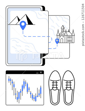 Map route linking mountains and castle on digital device, bar chart in a window, pair of shoes. Ideal for travel, data analysis, adventure, hiking, finance exploration footwear. Line metaphor 128711504