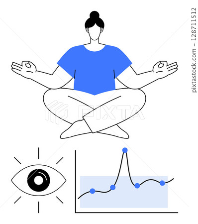Person meditating in blue attire. Eye symbol represents focus. Line graph conveys growth and analytics. Ideal for themes on mindfulness meditation, focus, growth, analytics, self-care, personal Person meditating in blue attire. Eye symbol represents focus. Line graph conveys growth and analytics. Ideal for themes on mindfulness meditation, focus, growth, analytics, self-care, personal 128711512