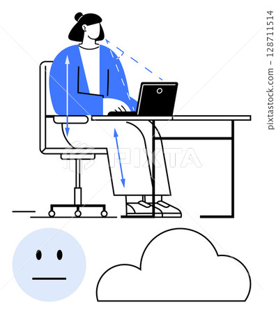 Person working on laptop with ergonomic chair, highlighting correct posture. Cloud and neutral face icons below. Ideal for workplace health, productivity, remote work, tech solutions, cloud 128711514