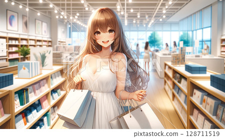 身穿性感白色連身裙、面帶微笑的年輕女子正在享受購物 128711519