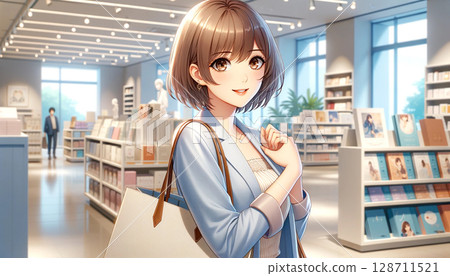 商店走道裡提著購物袋的微笑年輕女子 128711521