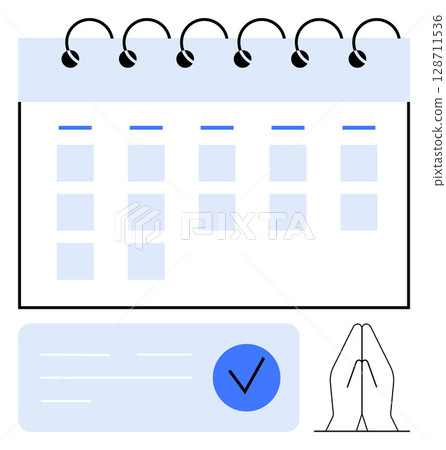 Calendar with spiral binding, checkmark in blue circle, and praying hands icon. Ideal for planning, scheduling, task management, time management, organization reminders and productivity. Line 128711536