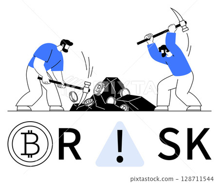 Two miners extracting bitcoins from rocks with pickaxes, accompanied by a RISK warning sign. Ideal for cryptocurrency, investment, finance, technology, cybersecurity, risk management, digital Two miners extracting bitcoins from rocks with pickaxes, accompanied by a RISK warning sign. Ideal for cryptocurrency, investment, finance, technology, cybersecurity, risk management, digital 128711544