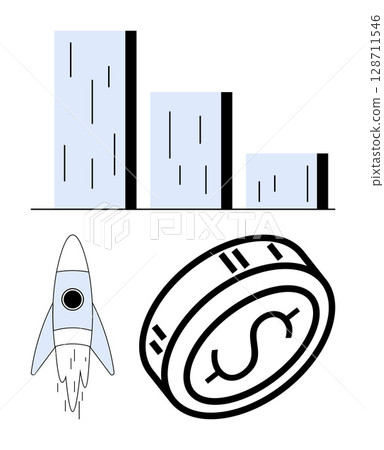 Bar chart with three columns. Rocket taking off upwards. Dollar coin icon tilted. Ideal for finance, startups, growth, investment, success economic analysis. Line metaphor 128711546