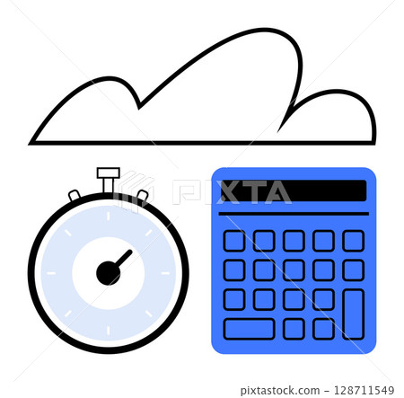 Stopwatch calculator and cloud in minimalist style. Ideal for efficiency, technology, cloud computing, time management, productivity, data analysis, digital tools. Line metaphor Stopwatch calculator and cloud in minimalist style. Ideal for efficiency, technology, cloud computing, time management, productivity, data analysis, digital tools. Line metaphor 128711549