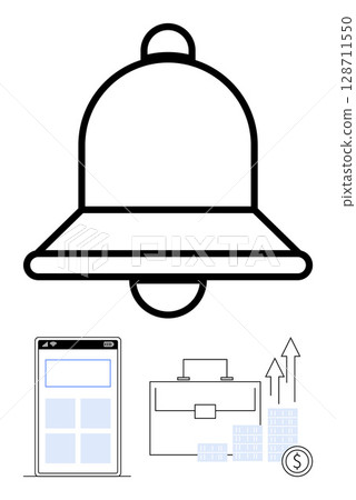 Large notification bell centerpiece with smartphone, briefcase, and financial charts below. Ideal for business, finance, productivity, reminders, alerts mobile apps growth. Line metaphor 128711550