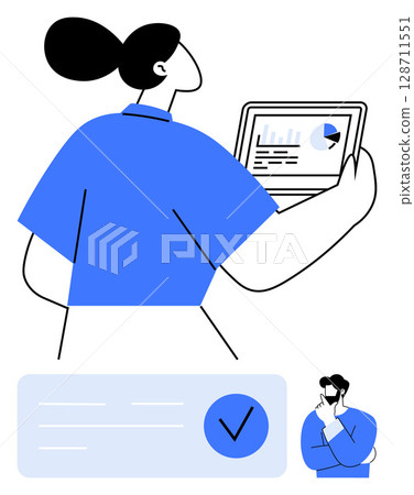 Woman looking at a tablet with charts and graphs, and a man lost in thought. Ideal for business strategy, analysis, teamwork, planning, decision-making, data visualization project management. Line Woman looking at a tablet with charts and graphs, and a man lost in thought. Ideal for business strategy, analysis, teamwork, planning, decision-making, data visualization project management. Line 128711551