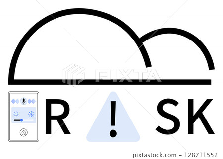 Cloud icon above the letters R and SK, with an exclamation mark in a triangle between them. Smartphone with IoT controls on the left. Ideal for cybersecurity, IoT, risk assessment, technology, data 128711552
