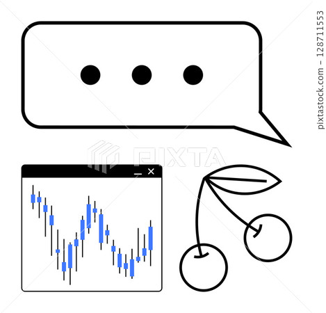 Speech bubble with ellipsis, candlestick chart, and cherry pair. Ideal for stock analysis, trading, communication, opportunity, finance trends decision-making. Line metaphor Speech bubble with ellipsis, candlestick chart, and cherry pair. Ideal for stock analysis, trading, communication, opportunity, finance trends decision-making. Line metaphor 128711553