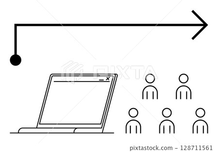 Black arrow pointing right, laptop with screen outline, and six person outlines in groups indicate digital teamwork, education, online communication, progression, organization, collaboration, growth Black arrow pointing right, laptop with screen outline, and six person outlines in groups indicate digital teamwork, education, online communication, progression, organization, collaboration, growth 128711561