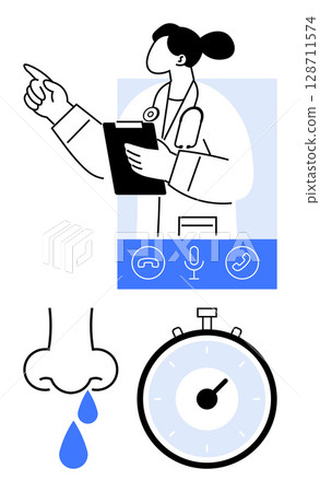 Doctor holding clipboard, various communication icons, nose with droplets, and stopwatch. Ideal for telemedicine, medical consultation, healthcare, digital communication, time management Doctor holding clipboard, various communication icons, nose with droplets, and stopwatch. Ideal for telemedicine, medical consultation, healthcare, digital communication, time management 128711574