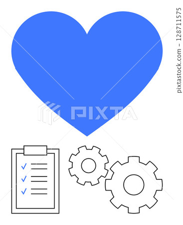 Large blue heart above checklist and gears. Ideal for health, productivity, wellness, project management, settings workflow optimization goal setting. Line metaphor. Line metaphor. Simple line icons Large blue heart above checklist and gears. Ideal for health, productivity, wellness, project management, settings workflow optimization goal setting. Line metaphor. Line metaphor. Simple line icons 128711575